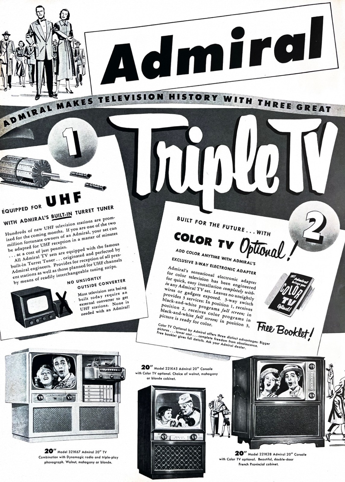 1951 ADMIRAL TV SETS Genuine Vintage 2-PAGE Print Ad Television 14″ x 20″