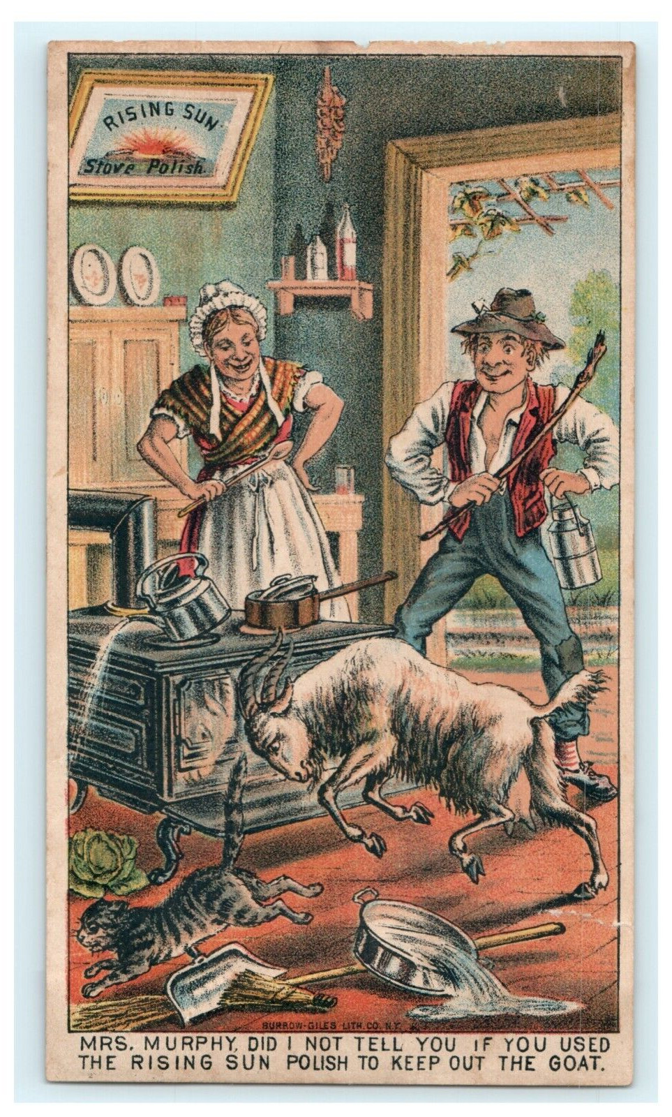 Rising Sun Stove Polish – Comical Kitchen Goat Cat Scene