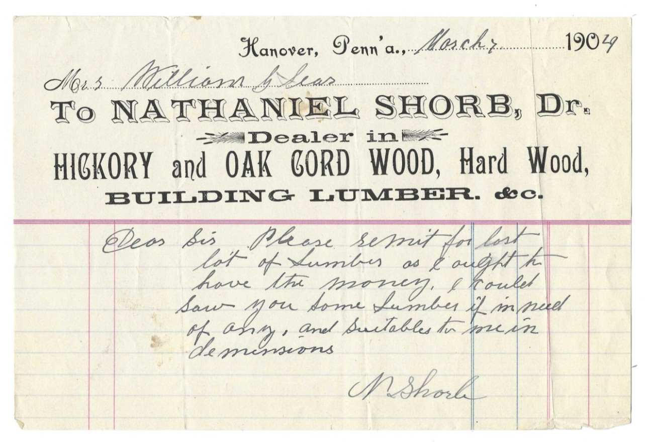1904 Advertising Invoice Billhead Nathaniel Shorb Wood Lumber Hanover PA