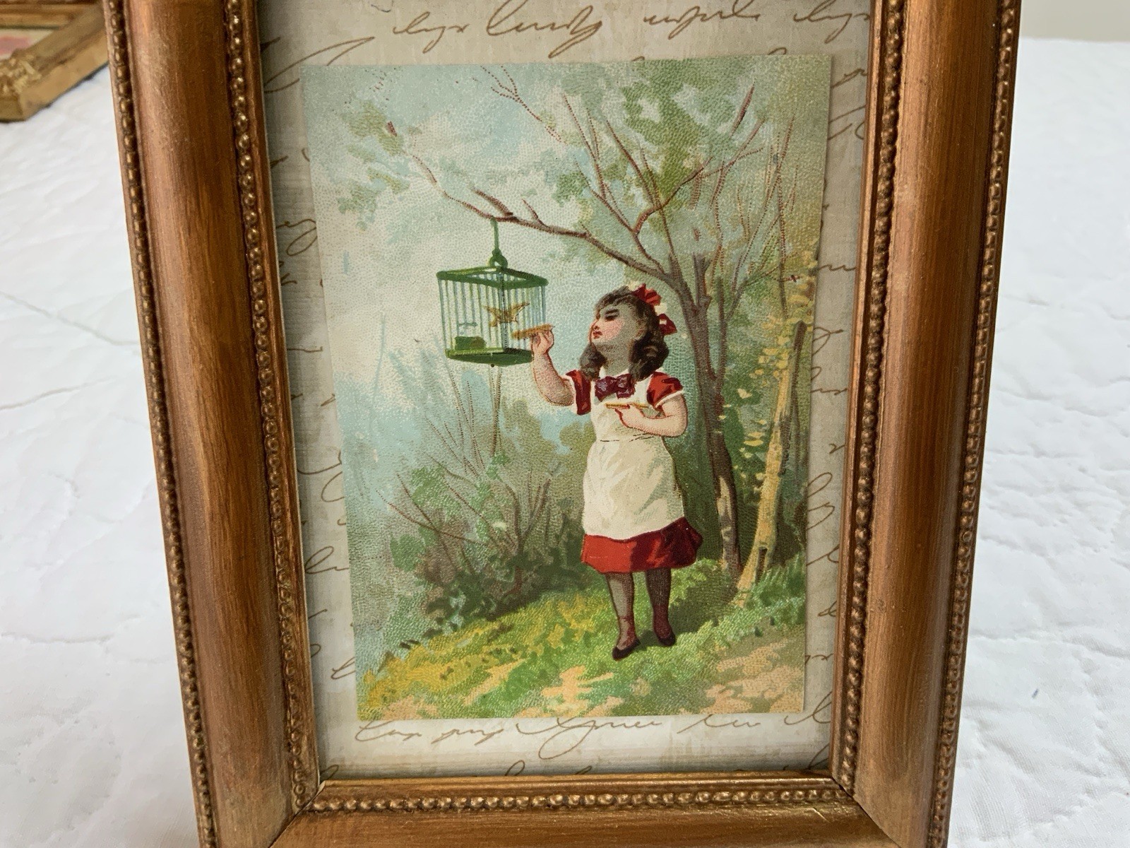 Vintage Antique Victorian Trade Card Ephemera Framed, Girl With Birdcage, Tree