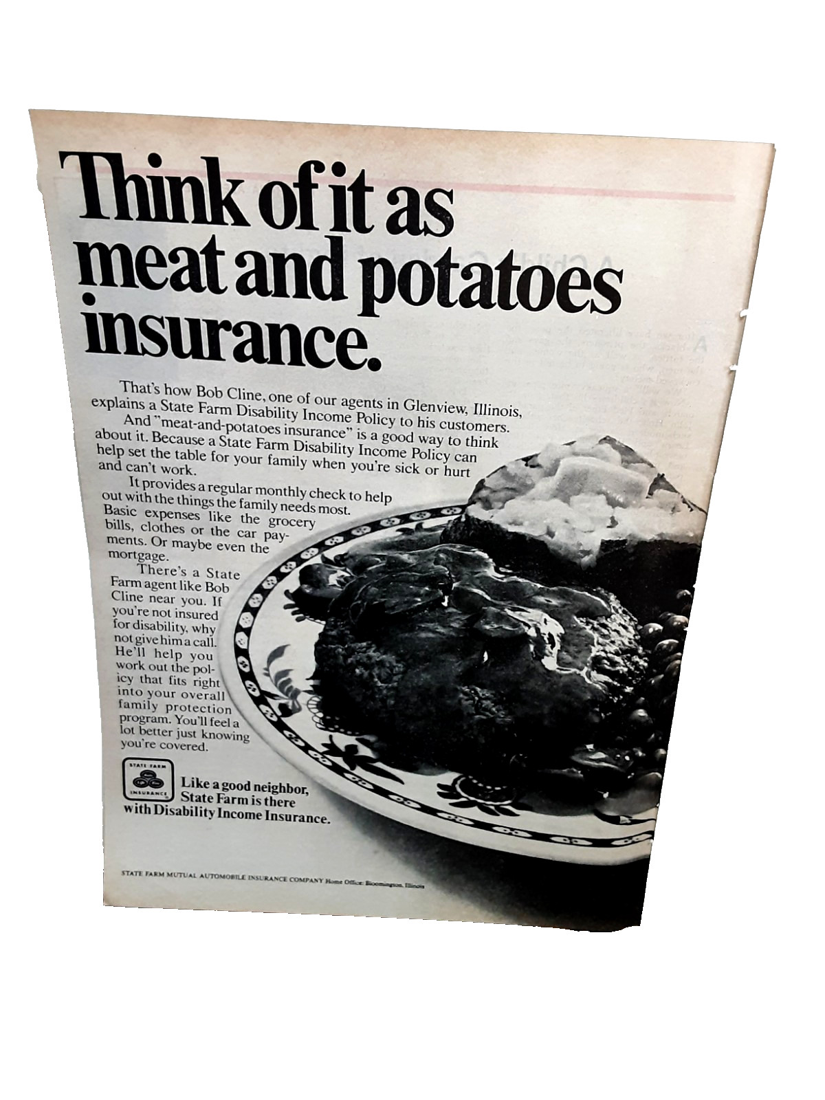 1974 State Farm Ad Meat And Potatoes Insurance Vintage Print