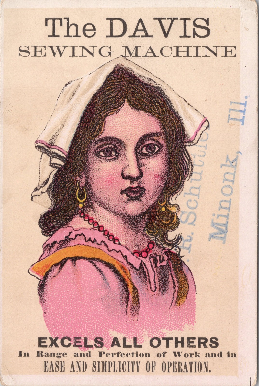 1880’s THE DAVIS SEWING MACHINE TRADE CARD, EXCELS ALL OTHERS YOUNG GIRL