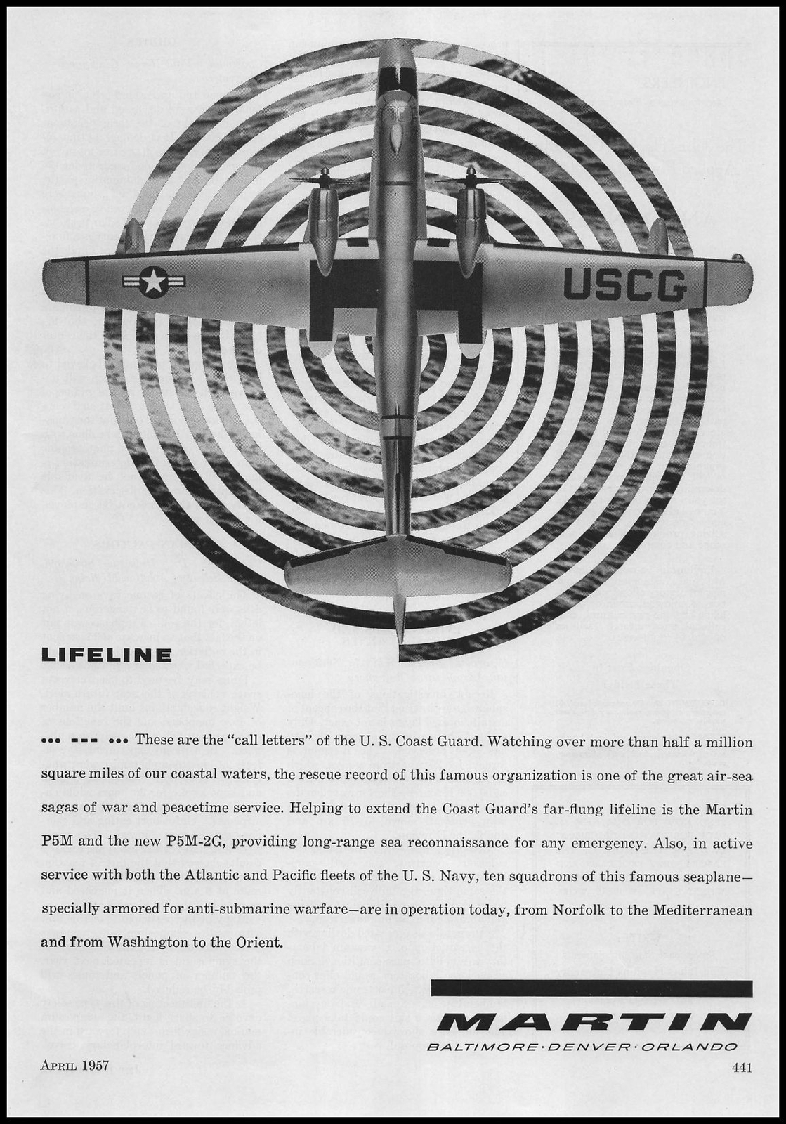 1957 United States Coast Guard Photo P5M 2G Martin Sea Recon Plane Print Ad