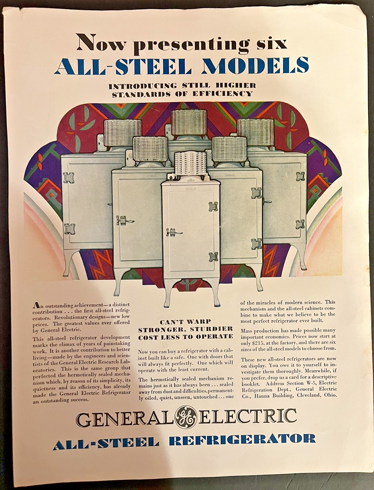 Vtg 1929 General Electric All Steel Refrigerator Ad, New Standards of Efficiency