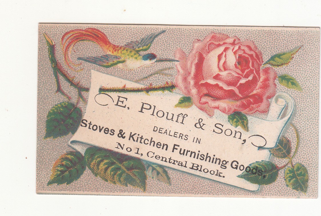 E Plouff & Son Stoves Kitchen Goods Pink Rose Hummingbird Vict Card c1880s