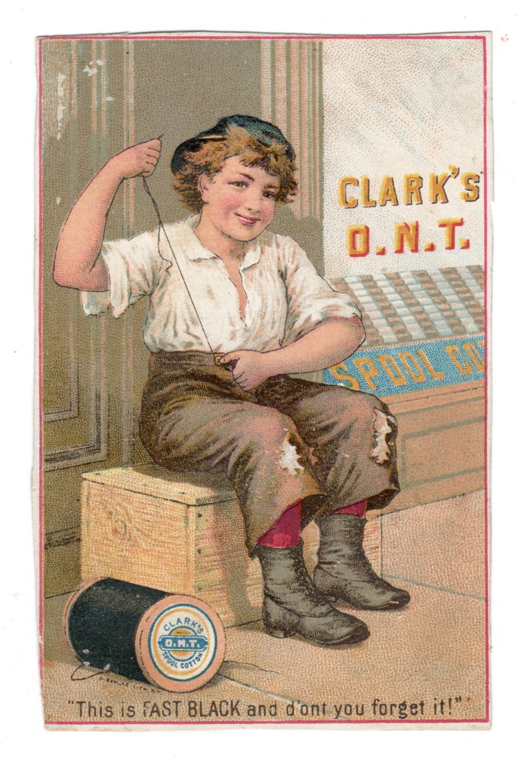Boy Sewing Pants 1890 Victorian Trade Card – Clark’s Spool Cotton / Thread