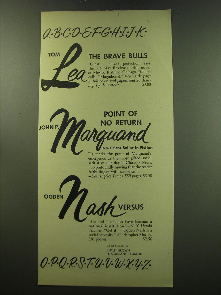 1949 Little, Brown & Company Books Ad – The Brave Bulls; Point of No Return