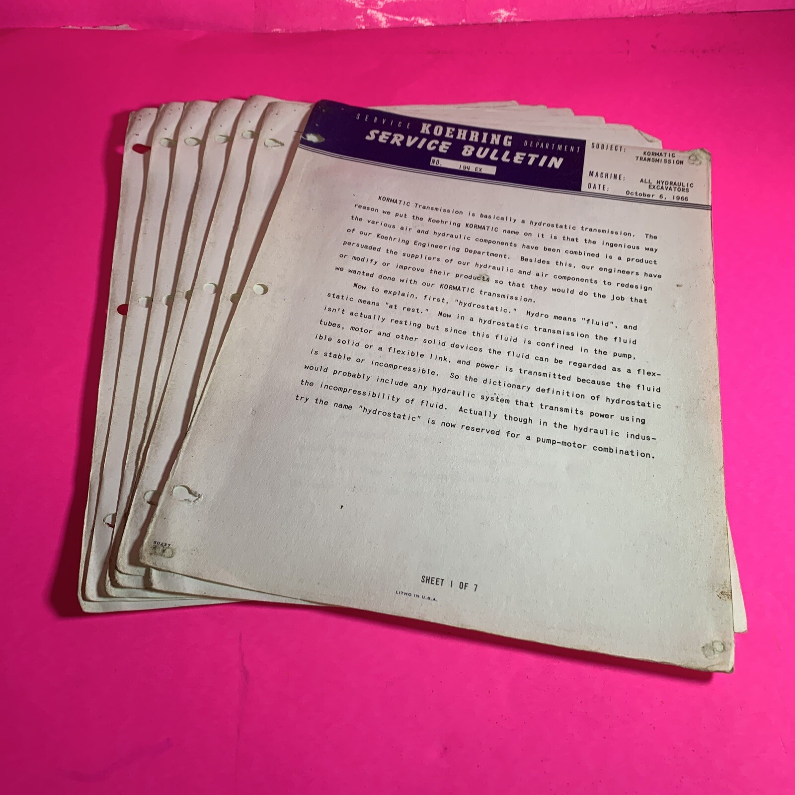 1966 Koehring Company Service Bulletin 7 pages Original Litho