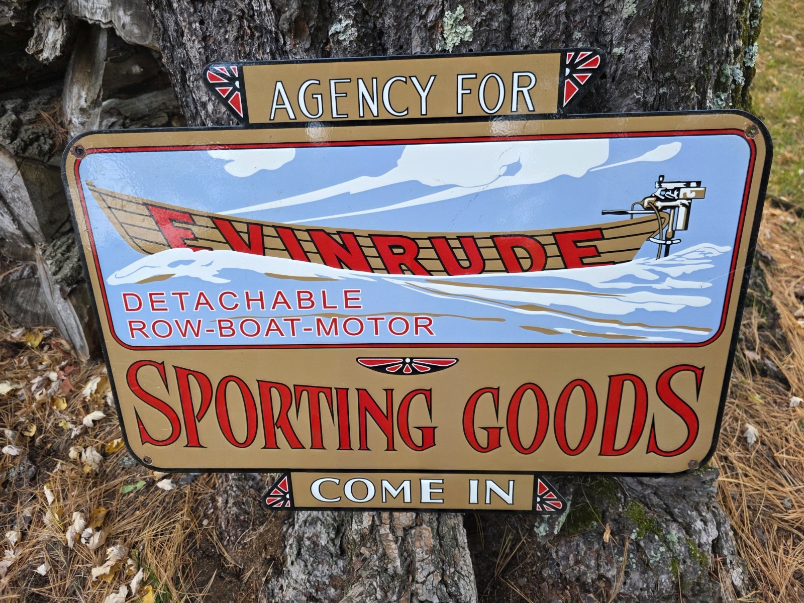 VINTAGE EVINRUDE DOUBLE SIDED PORCELAIN SIGN, AGENCY FOR SPRING GOODS 30″x20″