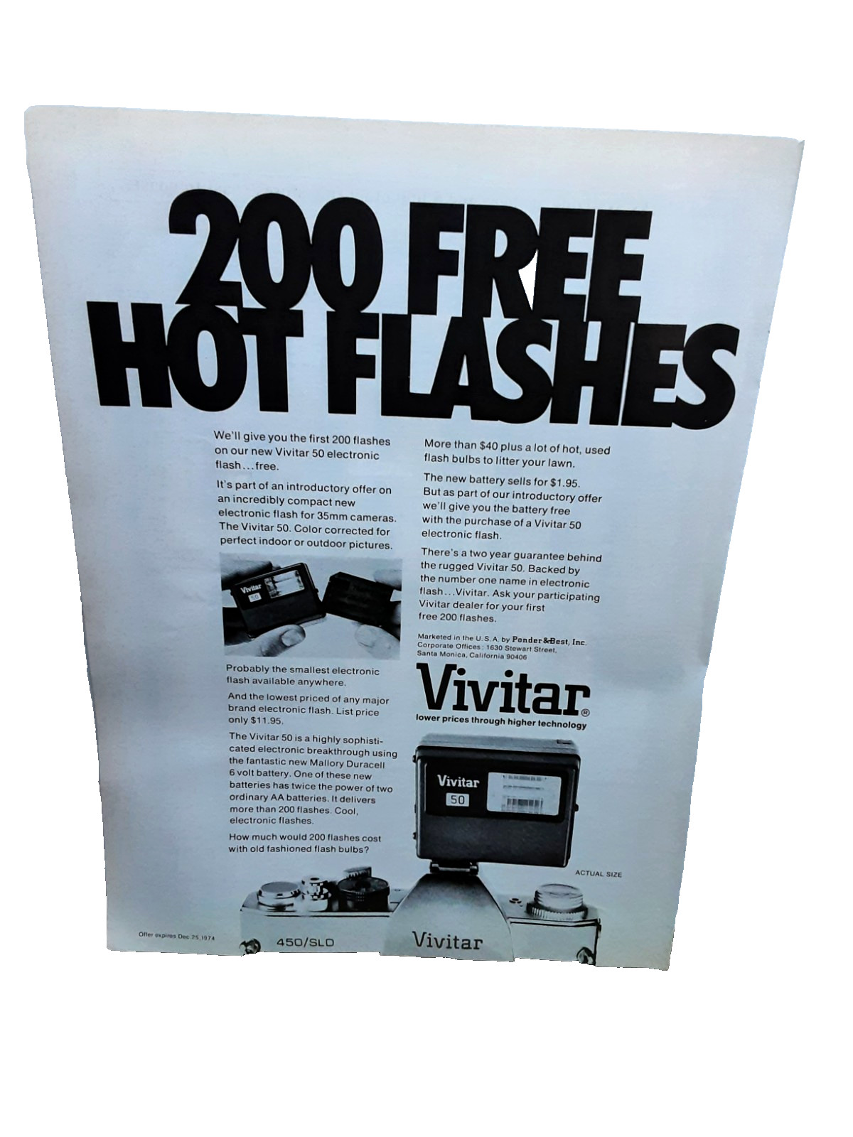 Vintage 1974 Vivitar Camera Flash Ad Electronic Flash Photography Gear