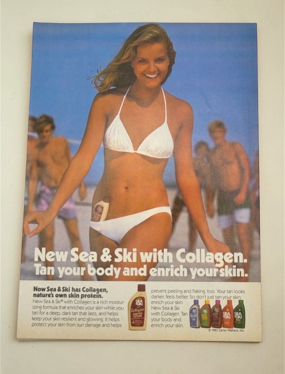 Sea & Ski Suntan Lotion Vintage Print Ad 1980s Blonde Woman White Bikini Beach