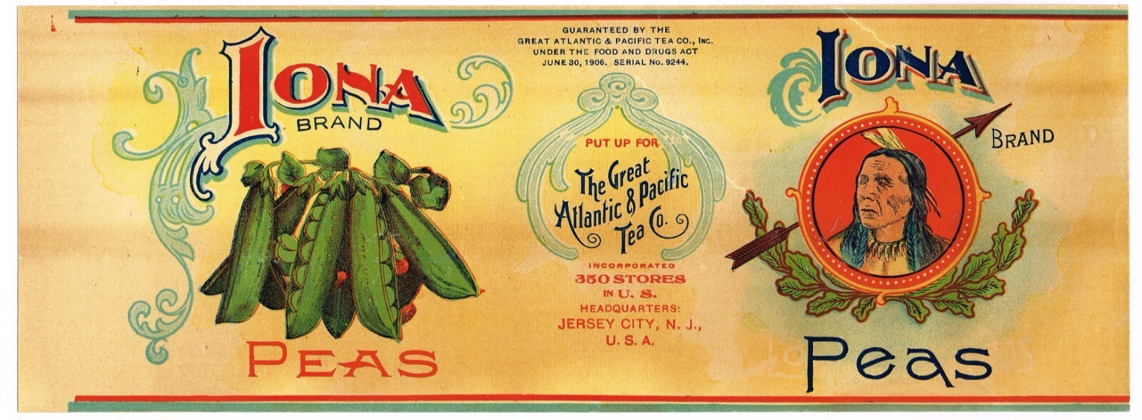 The Great Atlantic and Pacific Tea Co Brand Iona Brand Peas Can Label, VGC, 1910