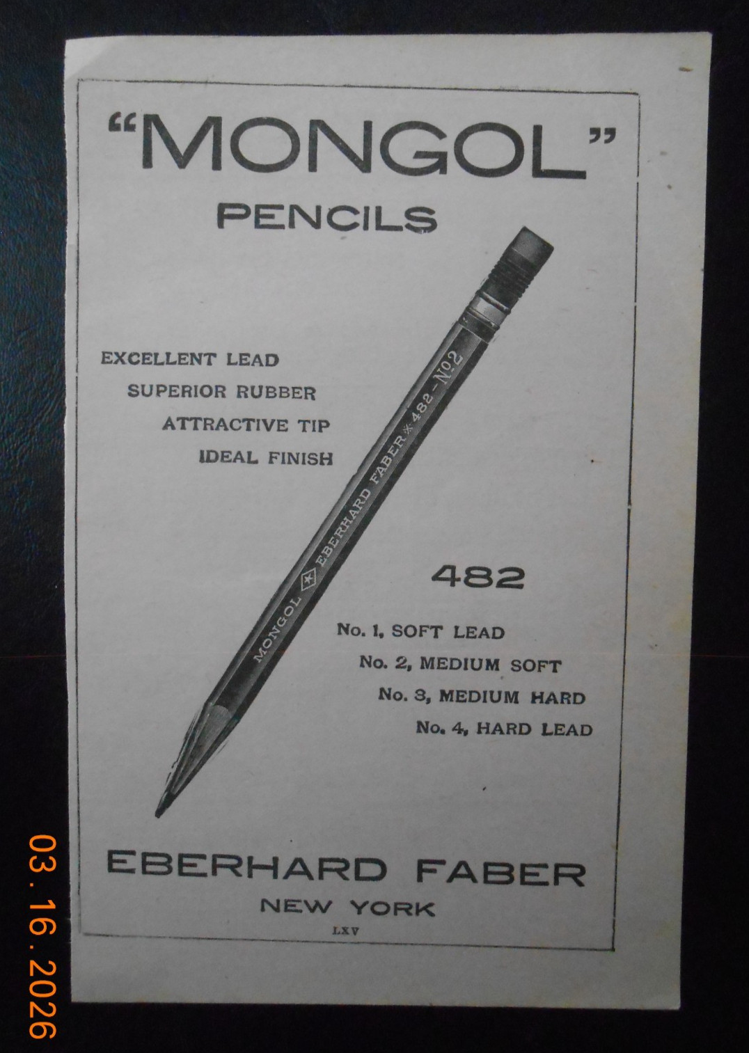 1915 Eberhard Faber NY Mongol Pencil 482 No 2 AD Mosler Bank Office Safe CO NYC