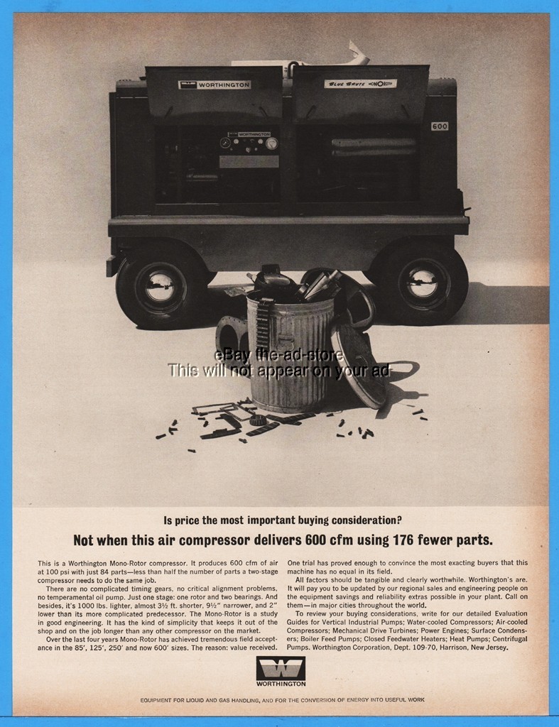 1963 Worthington Corp 600 cfm Air Compressor Wheels Garbage Can Harrison NJ Ad