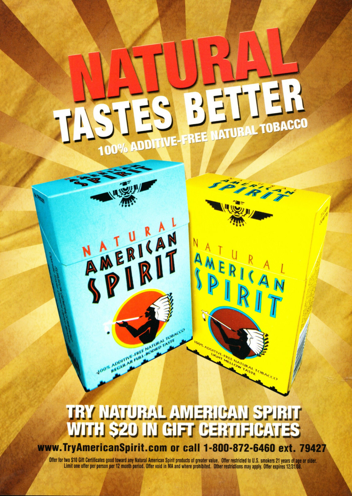 NATURAL AMERICAN SPIRIT 2 SIDED CIGARETTE AD #2 RARE 2008