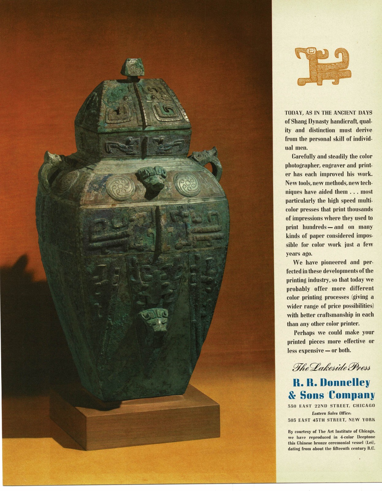 1940 R.R. Donnelley & Sons Shang Dynasty Bronze Wine Container Vintage Print Ad