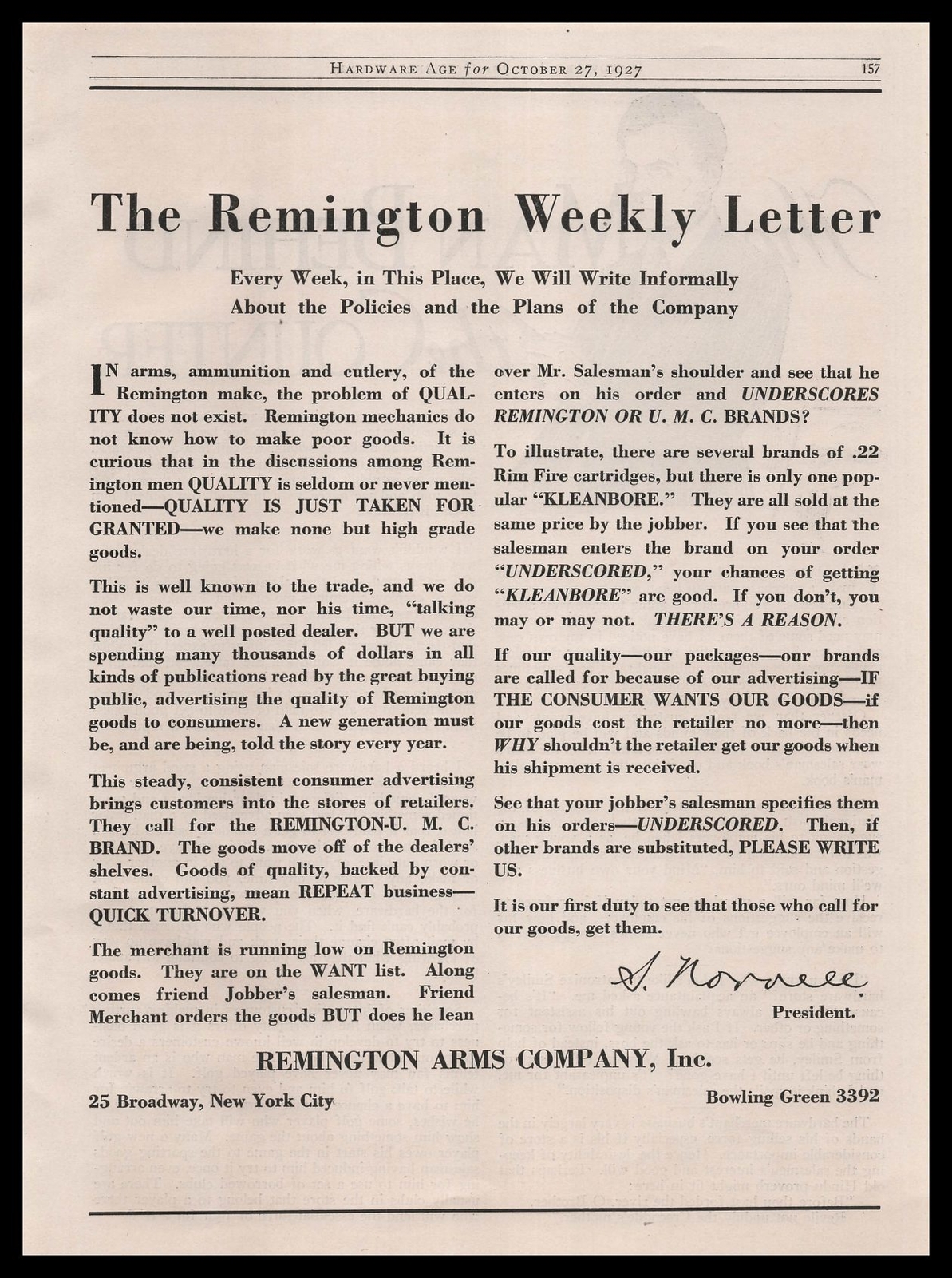 1927 Remington Arms Co. Bowling Green Kentucky “Weekly Letter” Vintage Print Ad