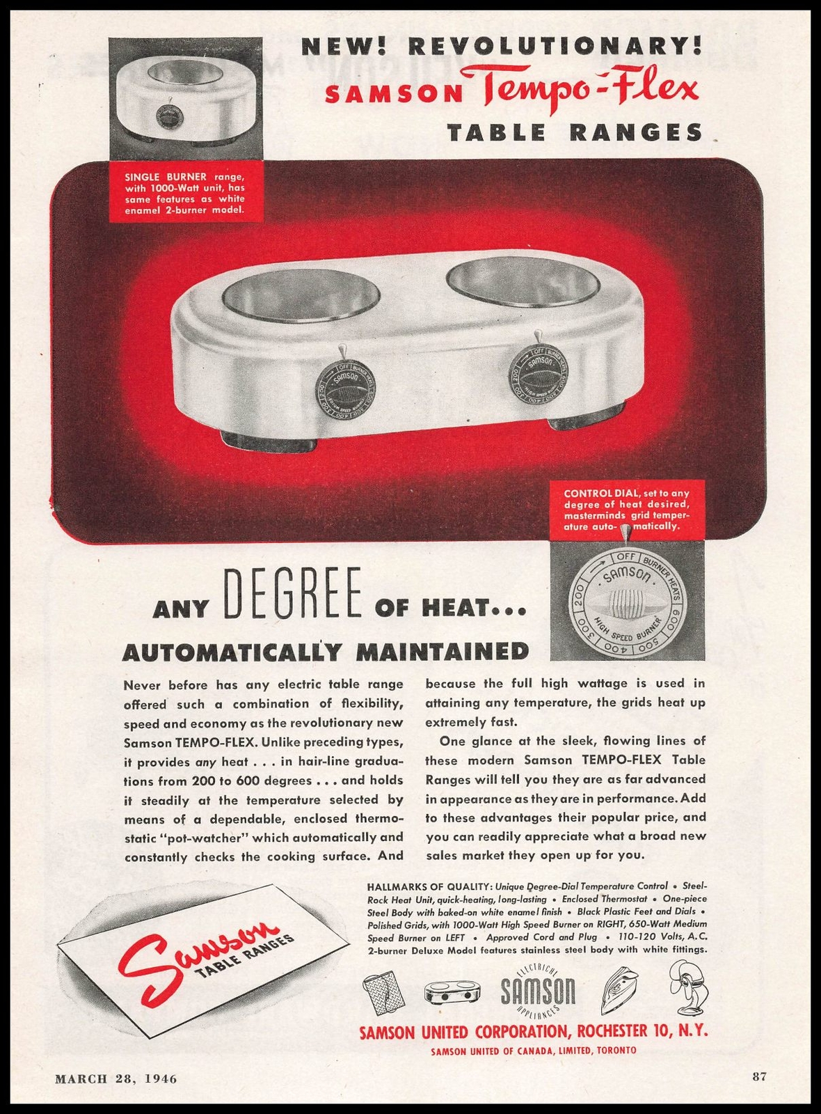 1946 Samson United Rochester New York Tempo Flex Table Ranges Vintage Print Ad