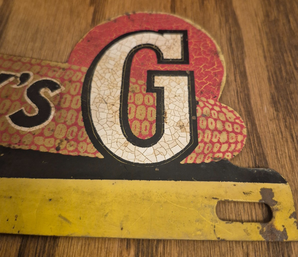 Authentic 1950s Vintage Funks G Corn License Plate Topper Sign Yellow Bar Patina