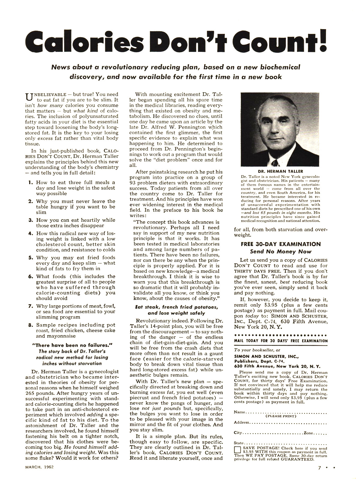 Calories Don’t Count Dr Herman Taller OBGYN Weight Loss Plan NY ’62 Print Ad 436