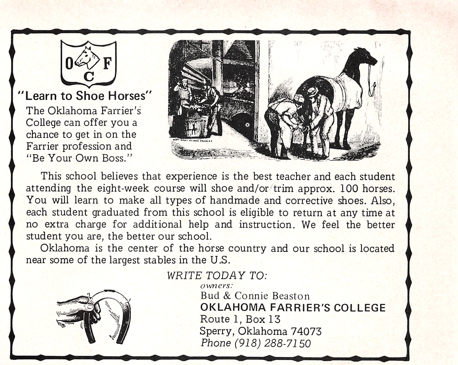 Oklahoma Farrier College Bud Connie Beaston Sperry OK Horseshoeing Mag Print Ad