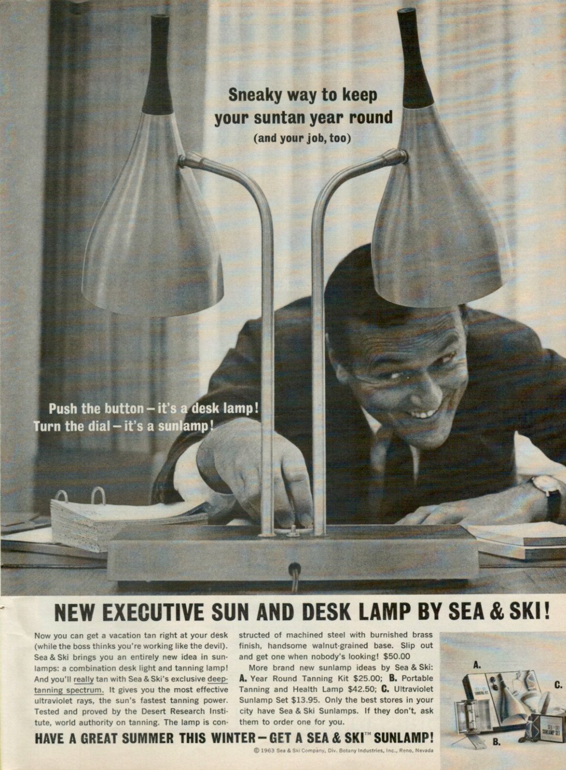 1963 Sea & Ski Executive Sun & Desk Lamp Deep-Tanning Sunlamp VINTAGE PRINT AD