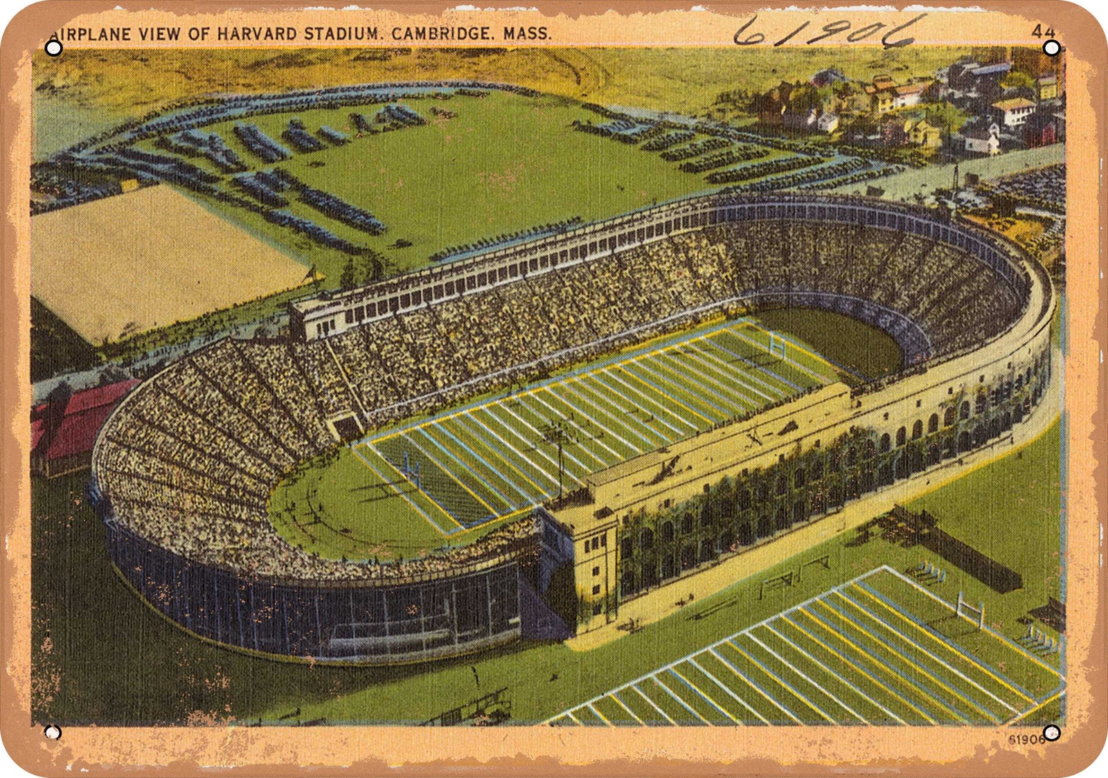 METAL SIGN – Massachusetts Postcard – Airplane view of Harvard Stadium, Cambrid