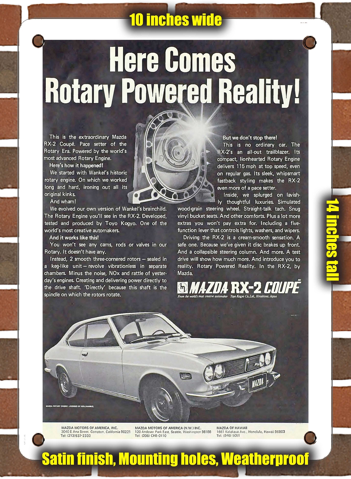 Metal Sign – 1971 Mazda RX2 Coupe Rotary Powered – 10×14 Inches