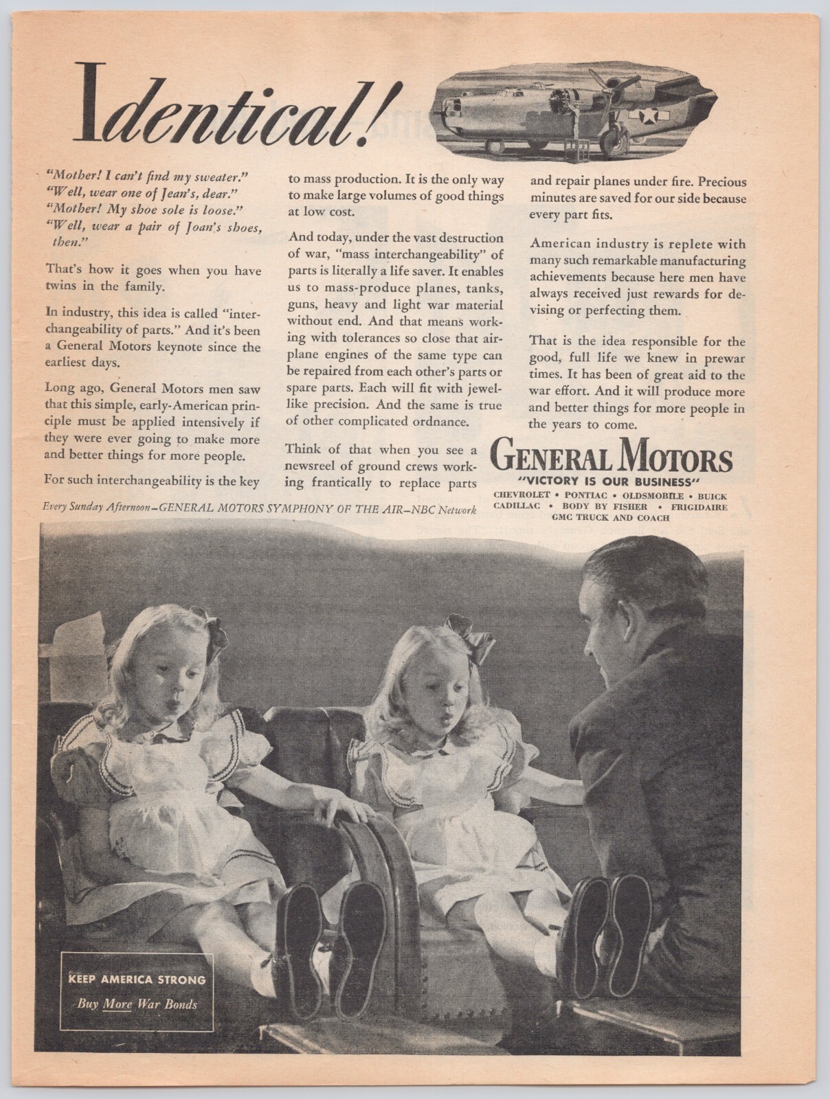 Identical GM Parts Identical Twins Wartime Efficiency WWII Print Ad 1944