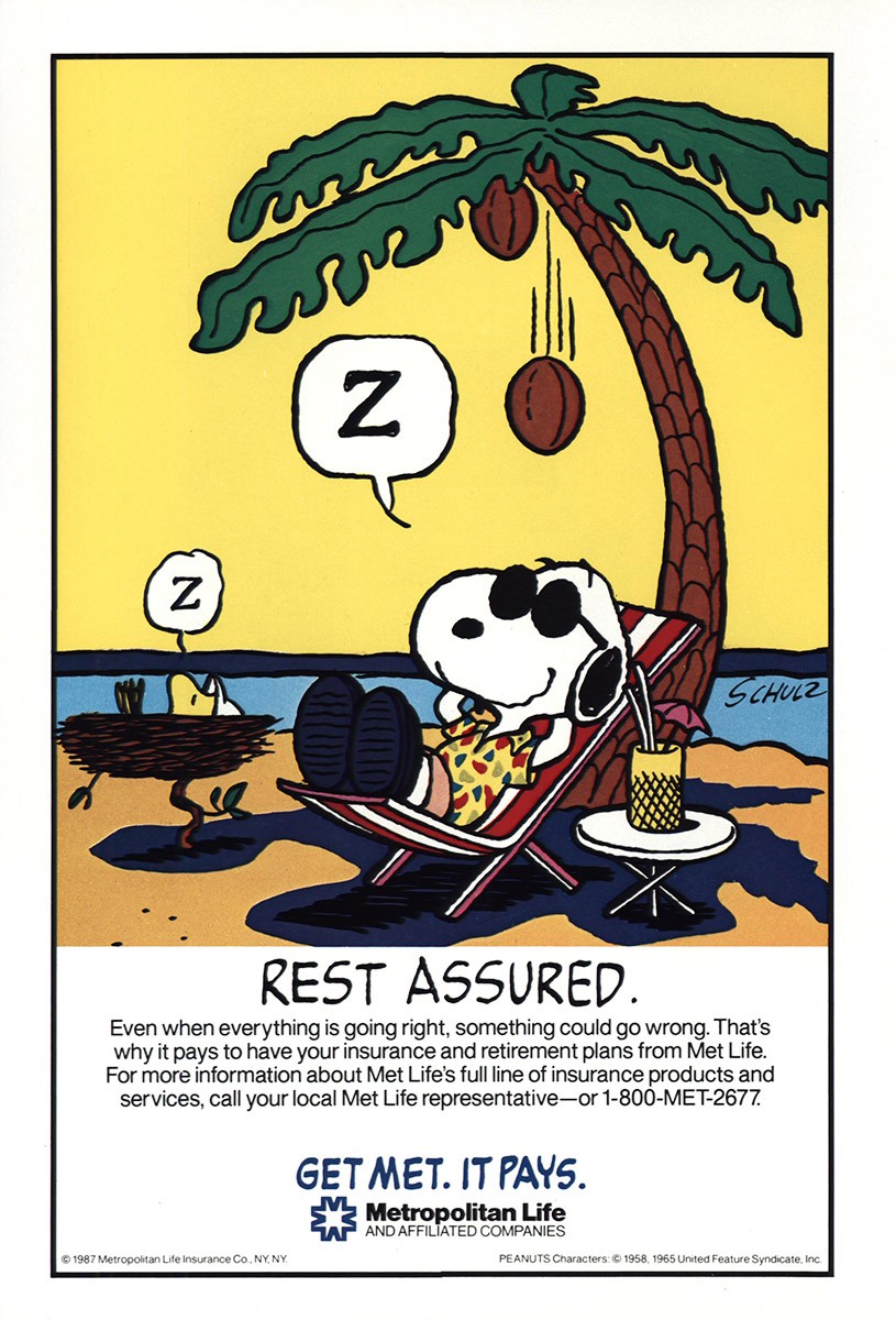 1987 Metropolitan Life Insurance: Snoopy, Rest Assured Vintage Print Ad