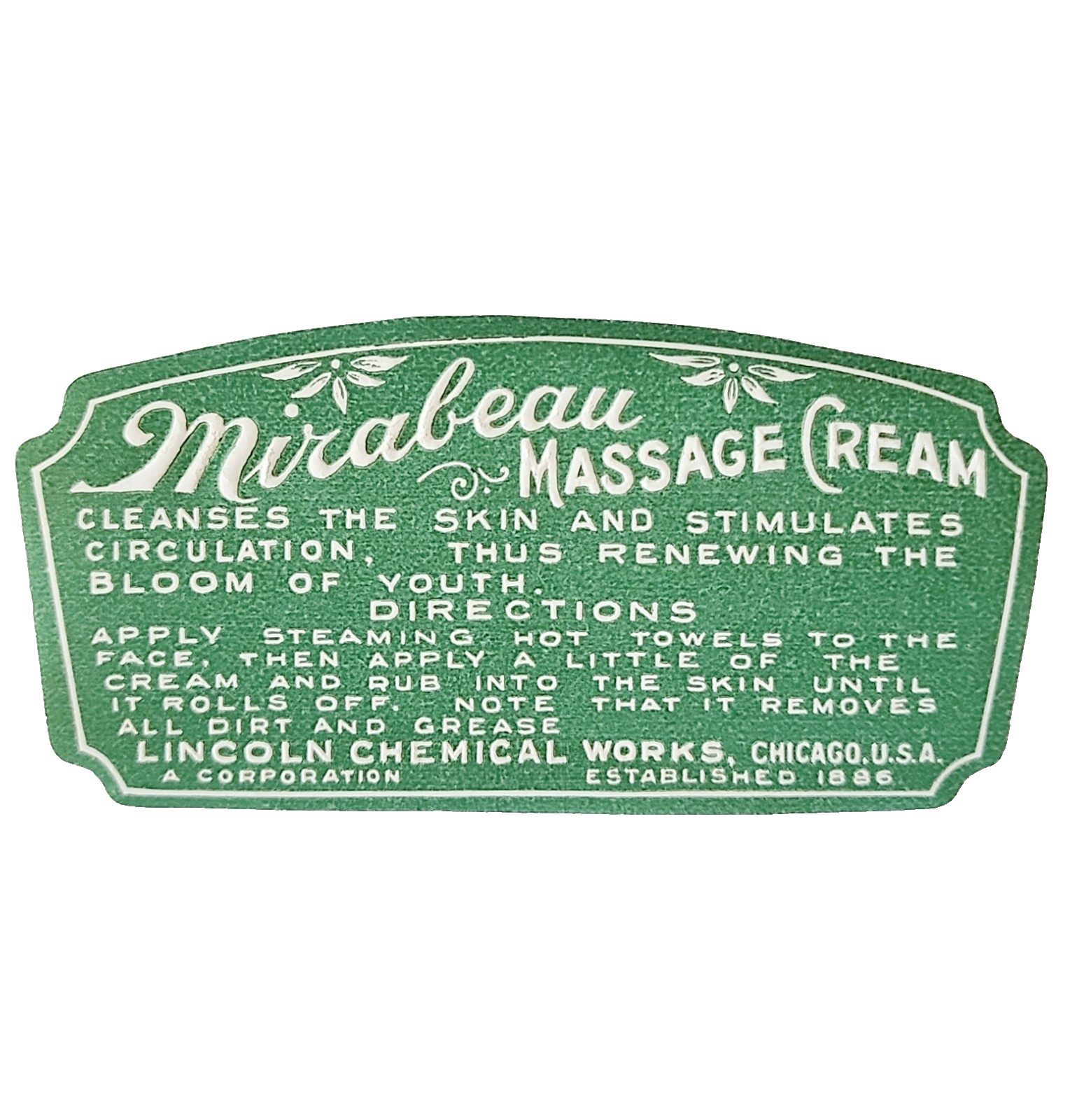 1910-30s Mirabeau Massage Cream Label Lincoln Chemical Works Chicago Embossed J4