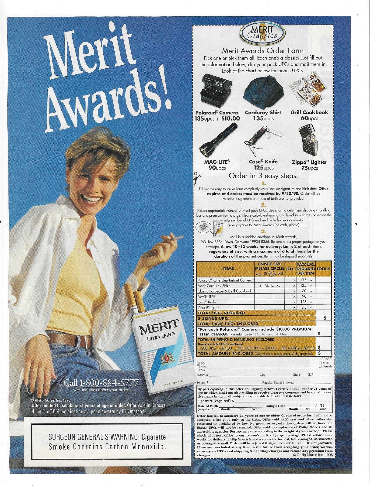 1998 Merit Ultra Lights Tobacco Cigarettes w Merit Awards Order Form Print Ad
