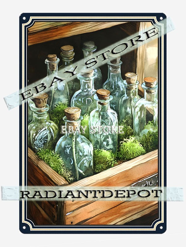 Apothecary Rustic Metal Tin Sign Glass Bottle Crate herbal display art prints sa