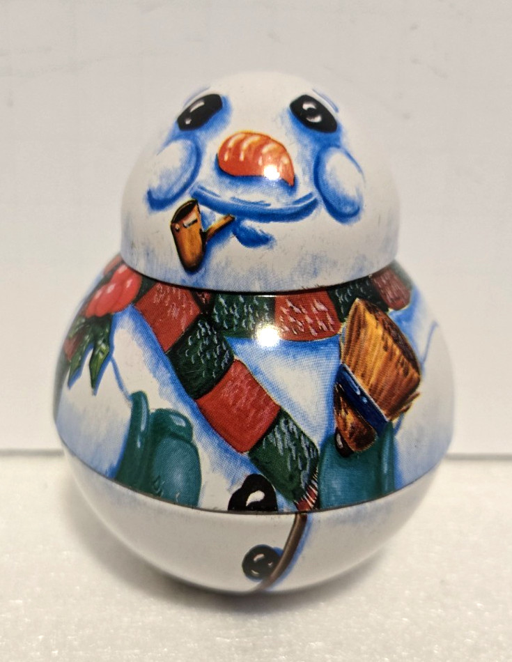 Multicolor Roly Poly Tin Snowman 3 1/2″ Tall. The Tin Box Company of America