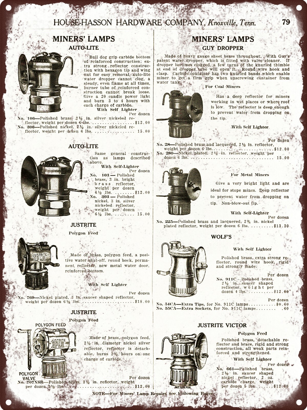 1924 Guy Dropper Auto Lite Justrite Wolf’s Miners Lamps Metal Sign 9×12″ A145