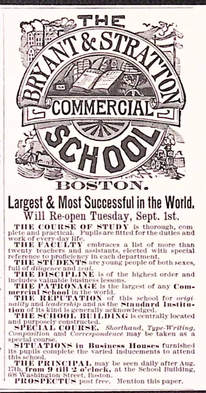 1891 Bryant & Stratton Commercial School BOSTON MA Print Ad 2.25 x 4.75″