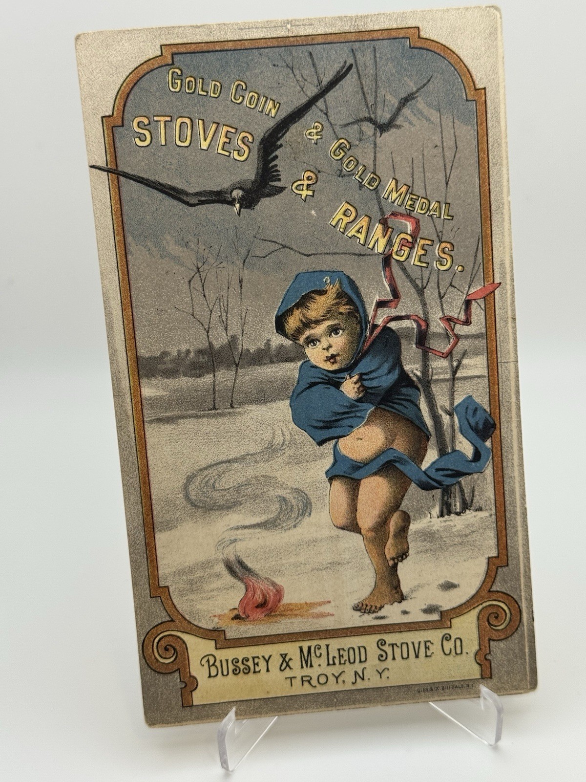 1890s Gold Coin Stoves & Ranges Child Warms By Fire 1880’s Victorian Trade Card