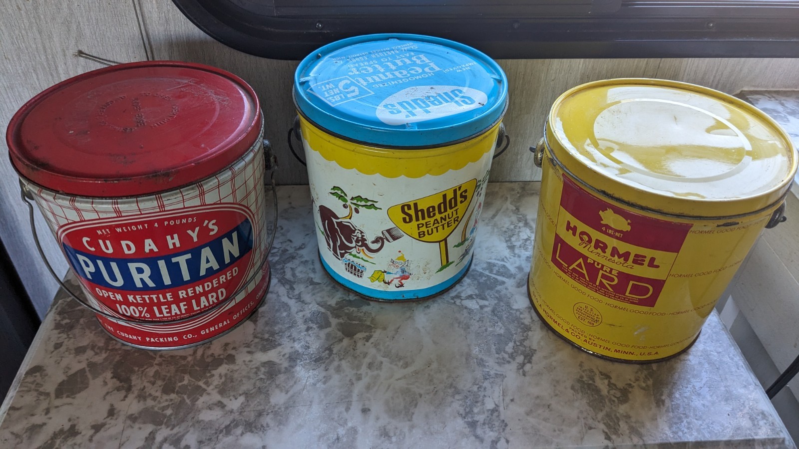 Vintage 50s Food Tins Shedd’s Peanut Butter,Hormel,Puritan,Lard