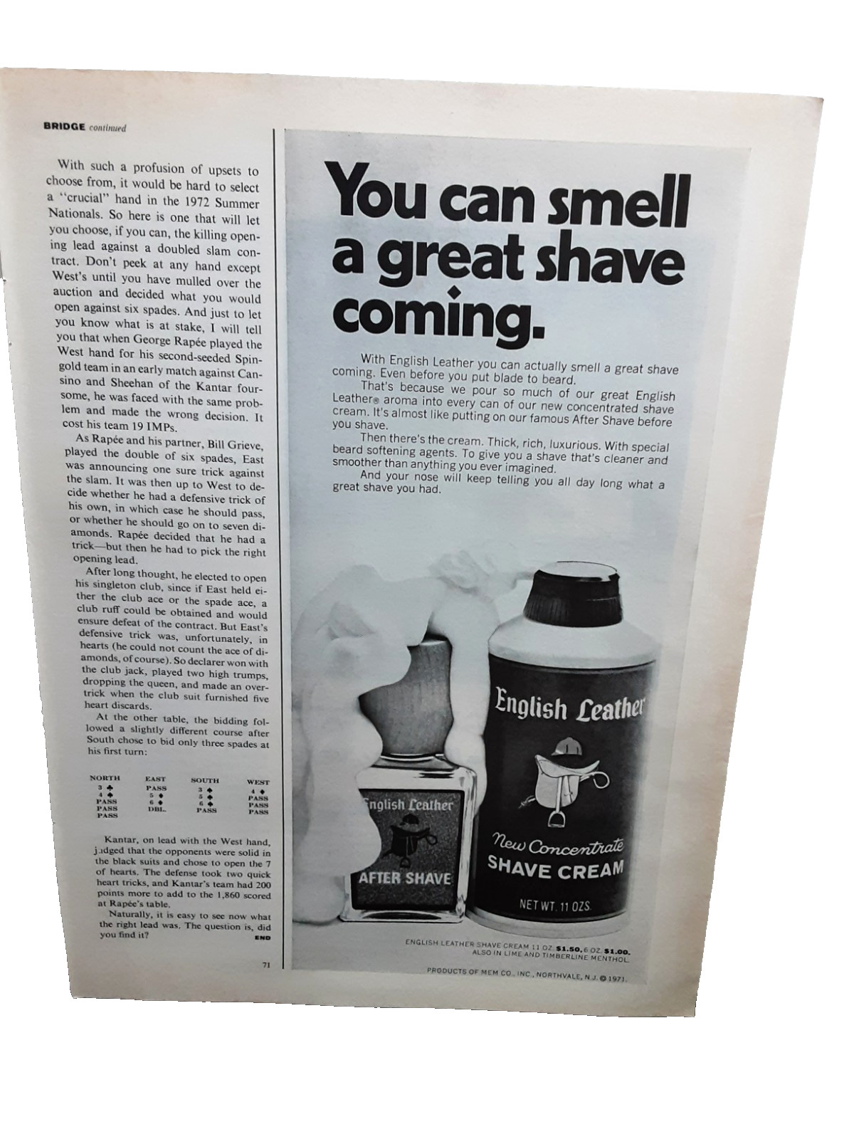 1972 Vintage English Leather Ad Shave Cream Aftershave Grooming Men