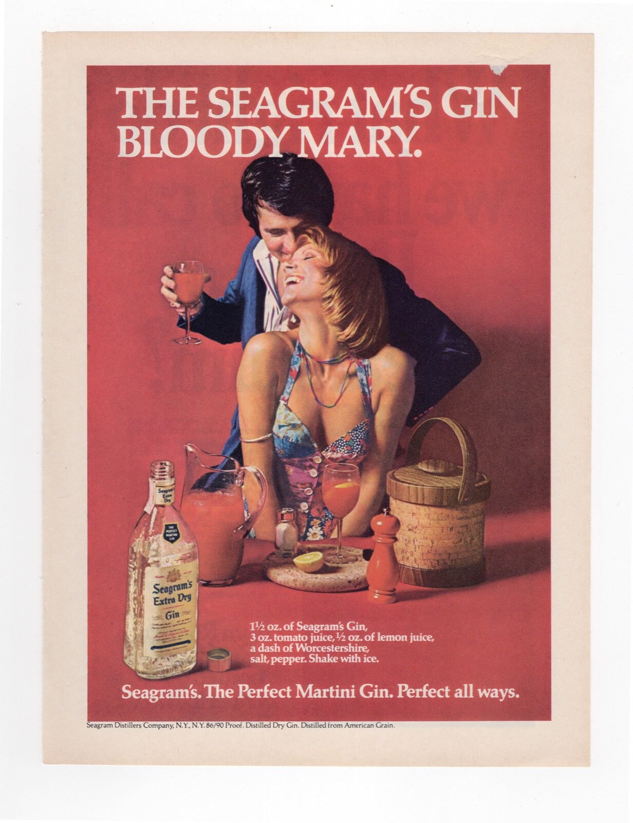 vintage 1970s magazine print ad SEAGRAM’S Gin Bloody Mary Sexy Blonde mancave