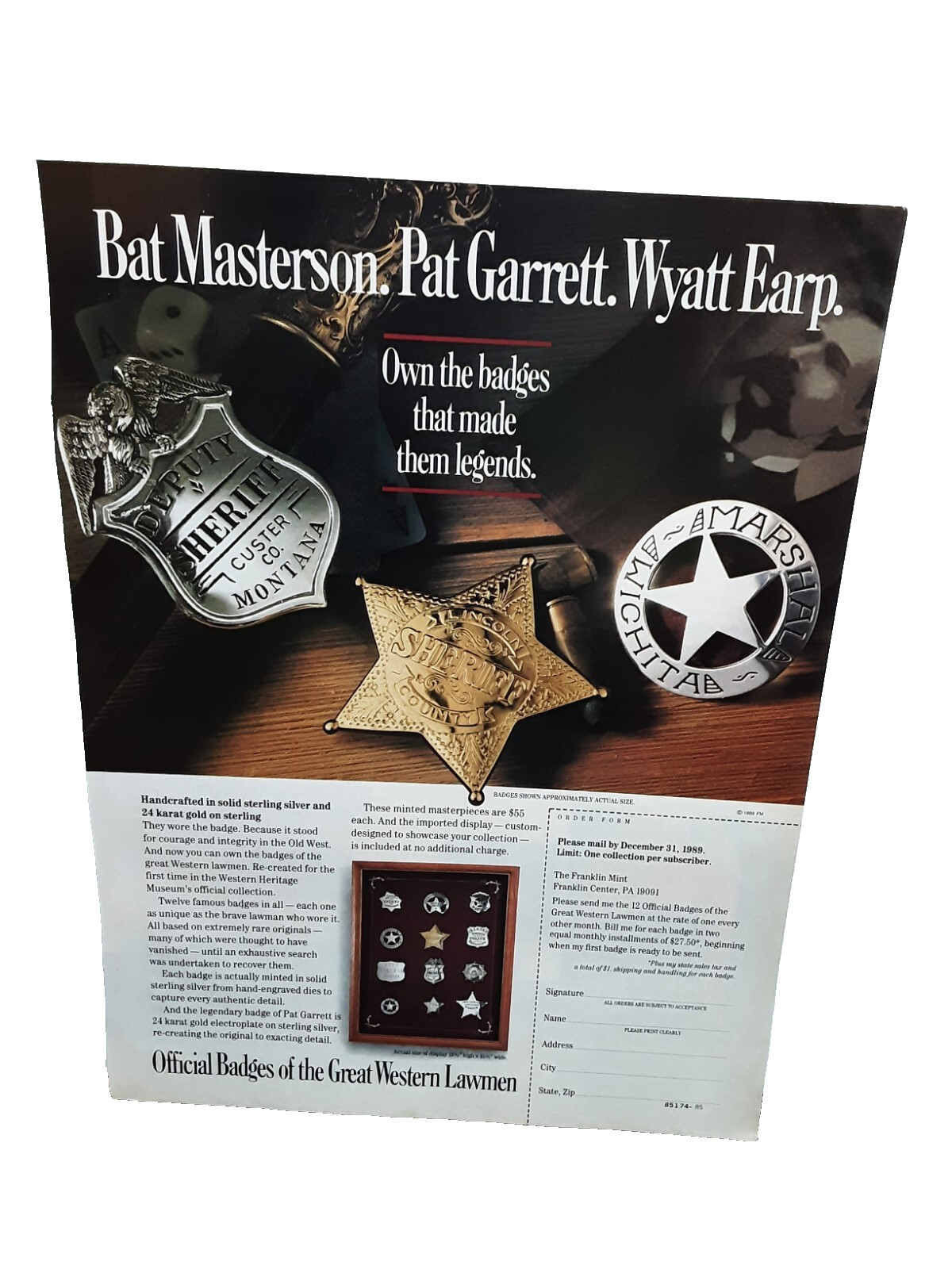 1989 Franklin Mint Badges Masterson Garrett Earp Original Print Ad