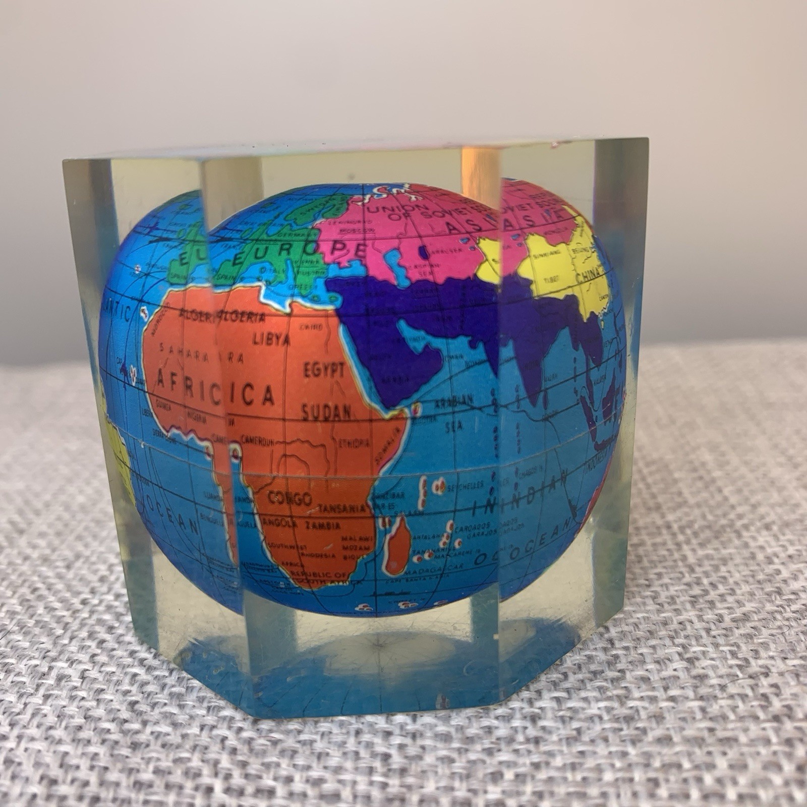 Vintage Lucite Globe Paperweight 2”x 2” Small Globe