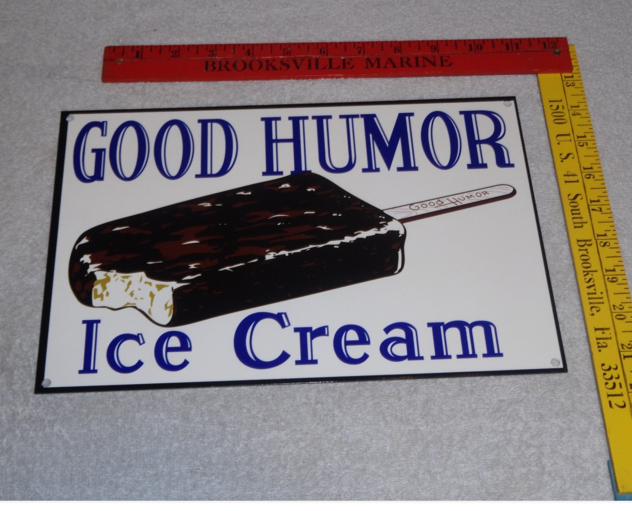 VINTAGE “GOOD HUMOR ICE CREAM BAR 12” BAKED METAL TRUCK GASOLINE & OIL FOOD SIGN