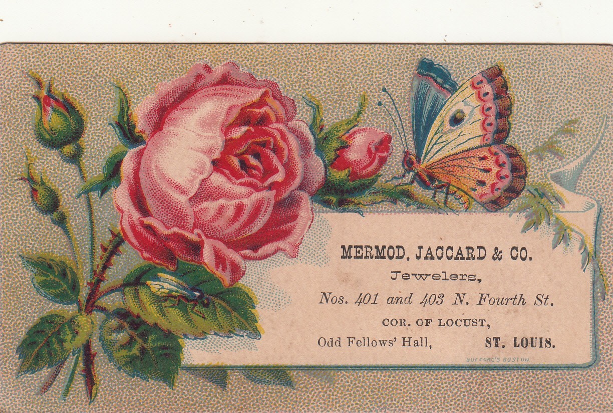 Mermod Jaccard & Co Jewelers St Louis MO Pink Flower Butterfly Vict Card c1880s