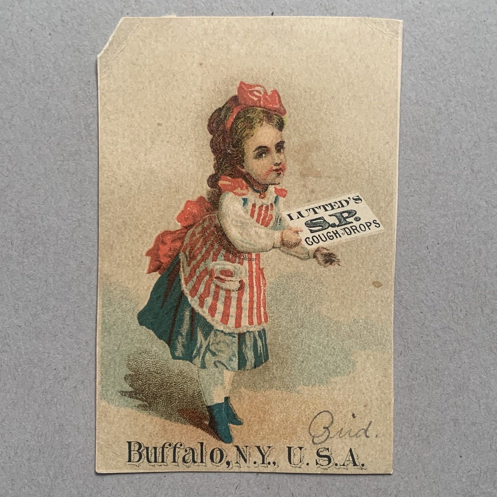 Lutteds S P Cough Drops Buffalo NY Girl Apron Medicine Victorian Trade Card