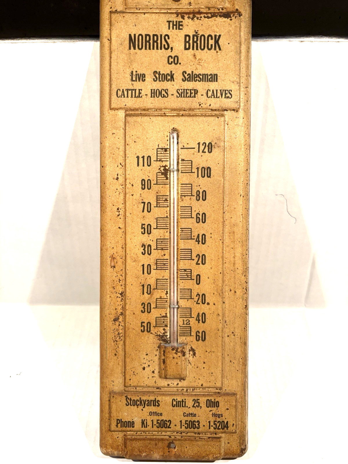 Advertising Metal Thermometer The Norris Brock Co. Live Stock Salesman Vintage