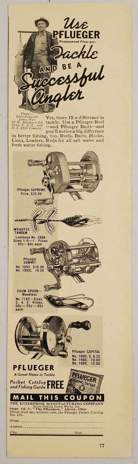 1936 Print Ad Pflueger Fishing Reels Man Holds 52-lb Musky Enterprise Akron,OH