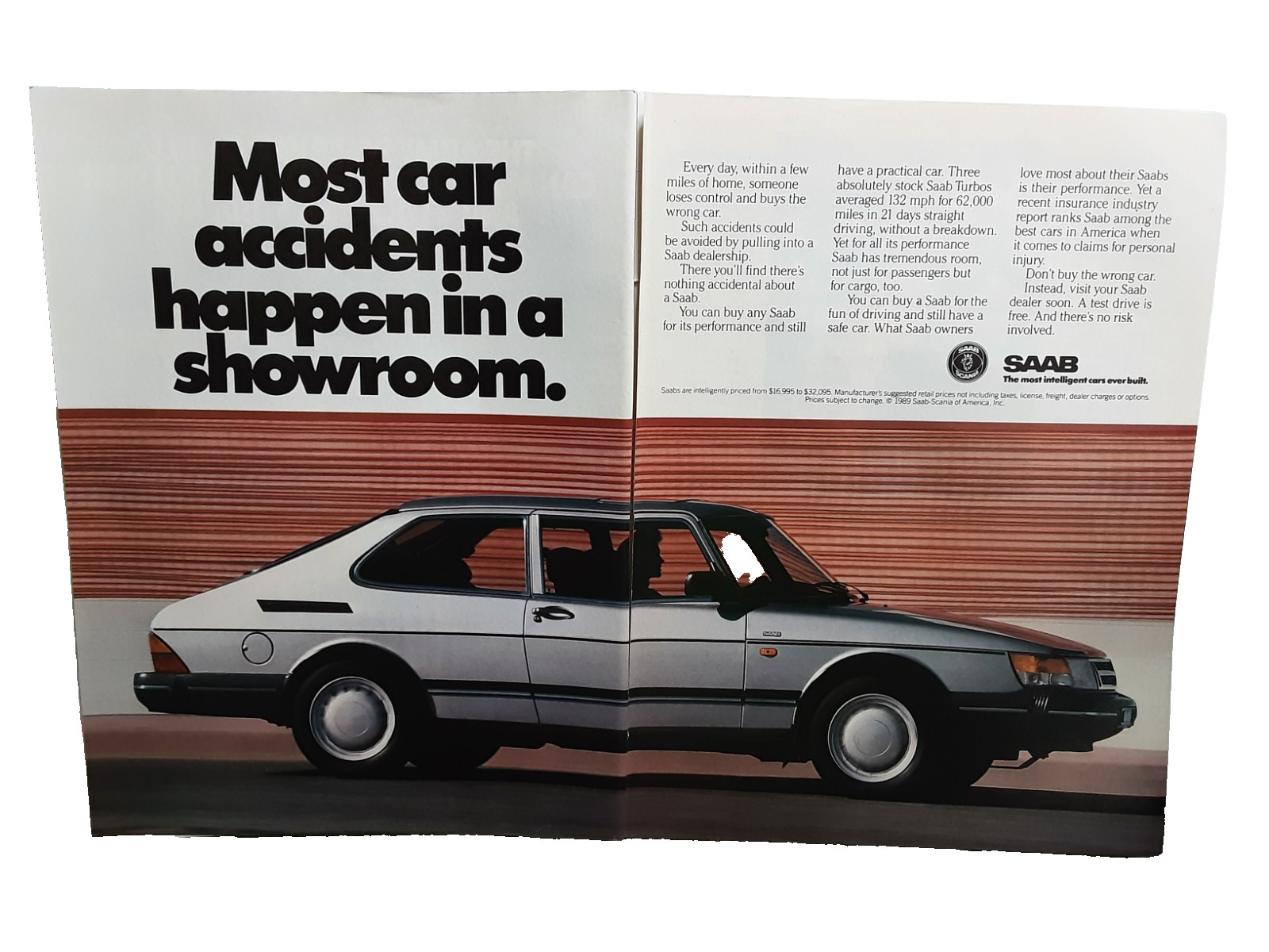 1989 Saab Turbo Accidents Happen In Showroom 2 Page Vintage Print Ad
