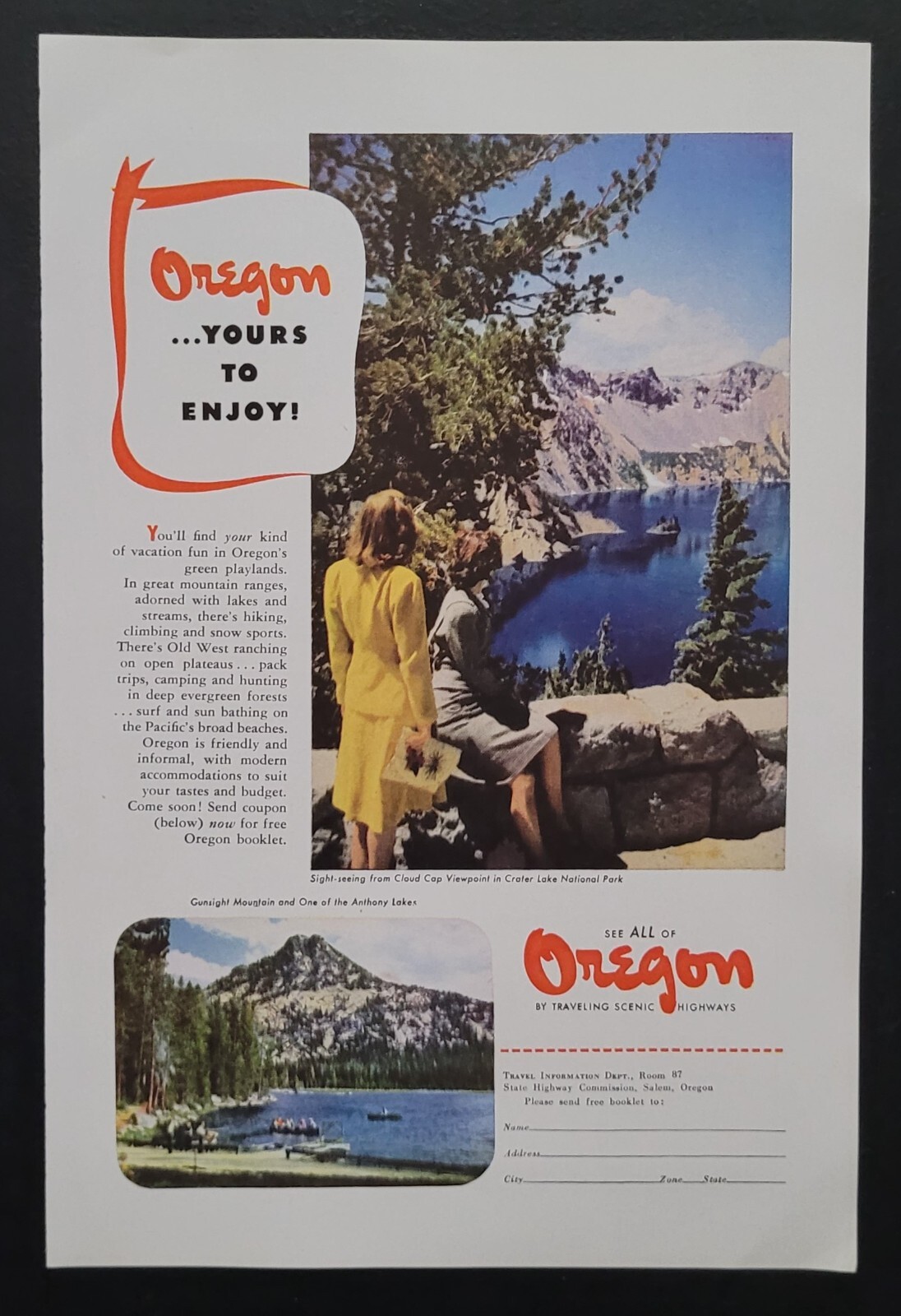 Oregon Trail Travel 1947 Vintage Print Ad 1940’s Lakes Vacation Nature