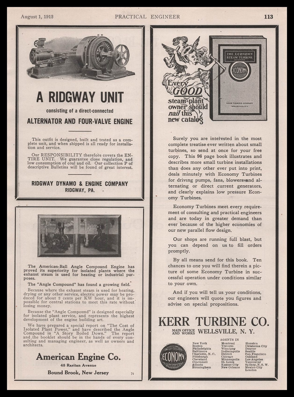 1912 Kerr Turbine Co. Wellsville New York Economy Steam Engine Catalog Print Ad